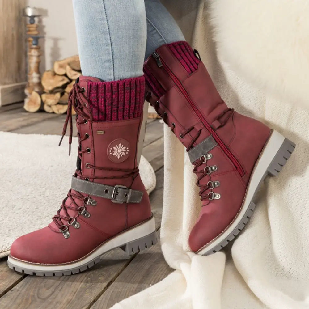 Faux Leather Knit-Cuff Snow Boots Women Winter