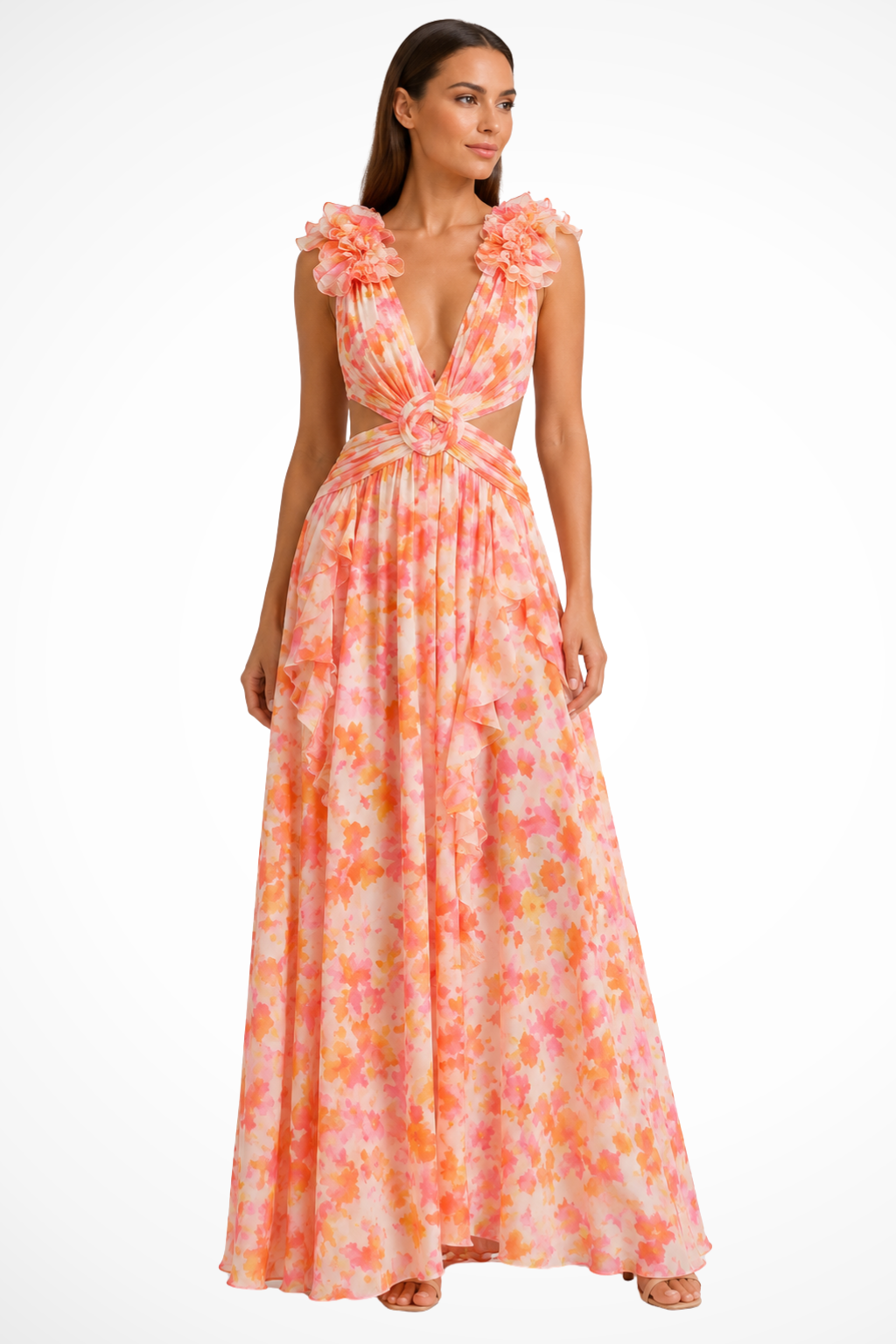 Floral Maxi Dress V-Neck Ruffles Wedding Guest Women