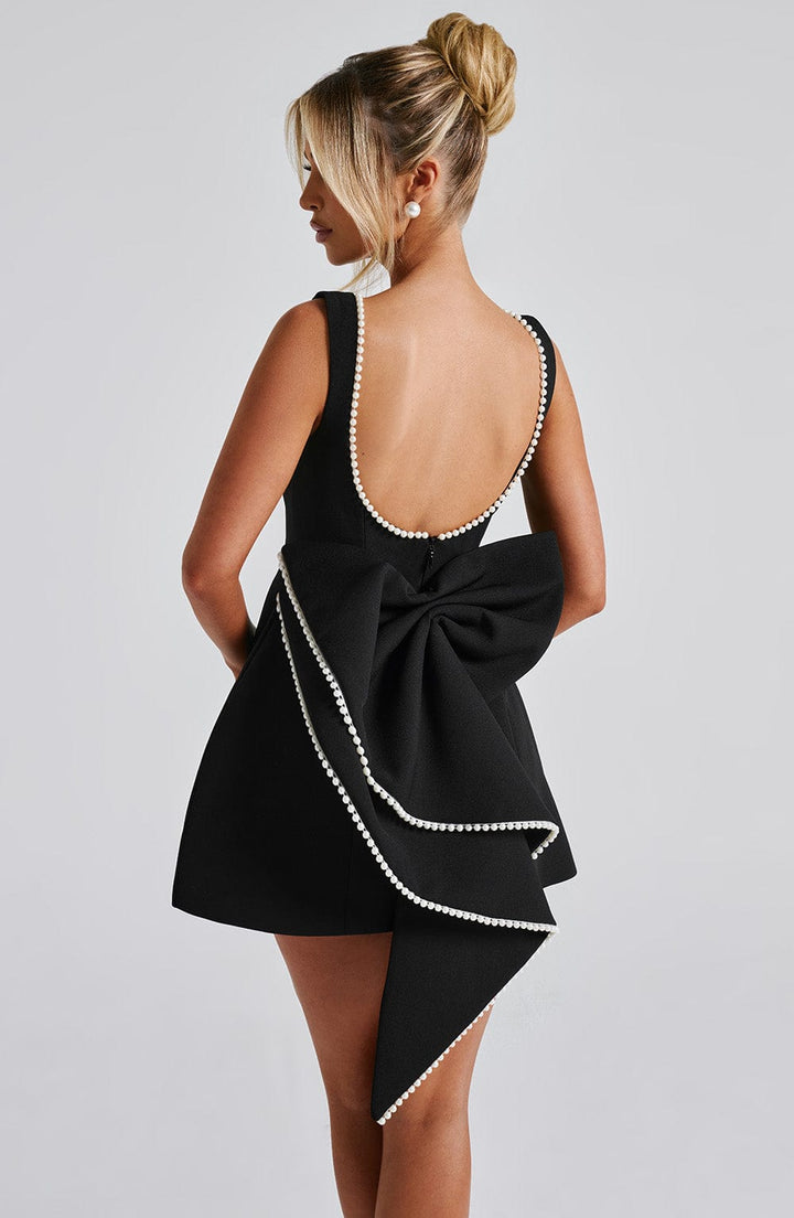 Women A-Line Mini Dress with Pearl Trim and Bow