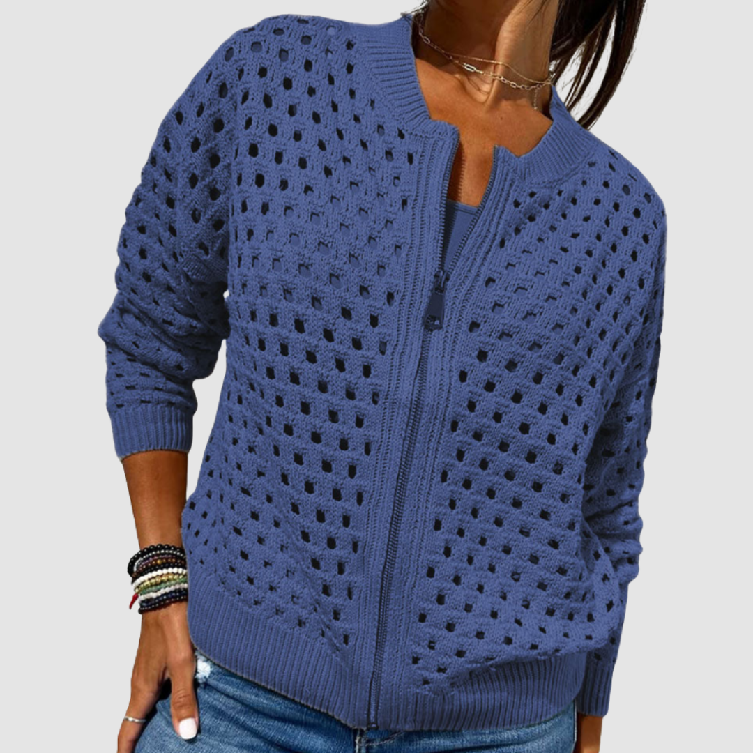 Women Hollow Knit Zip Cardigan Cotton Blend