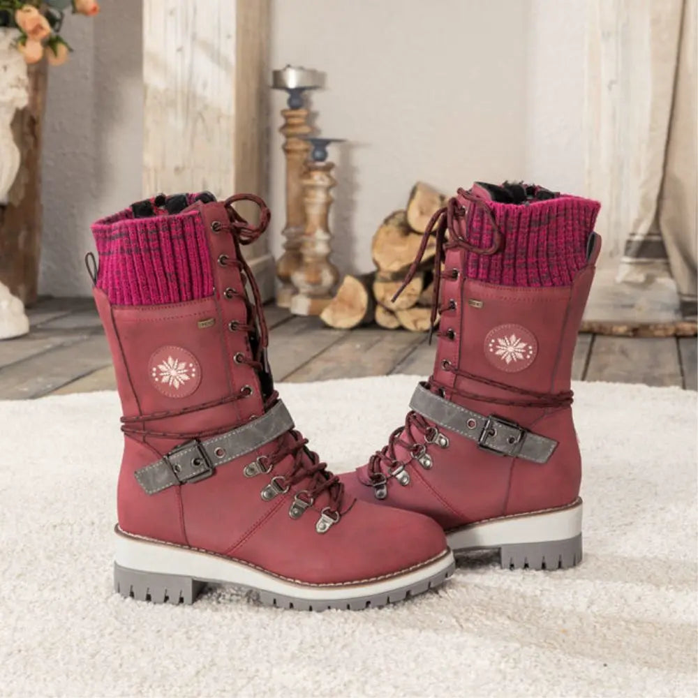 Faux Leather Knit-Cuff Snow Boots Women Winter