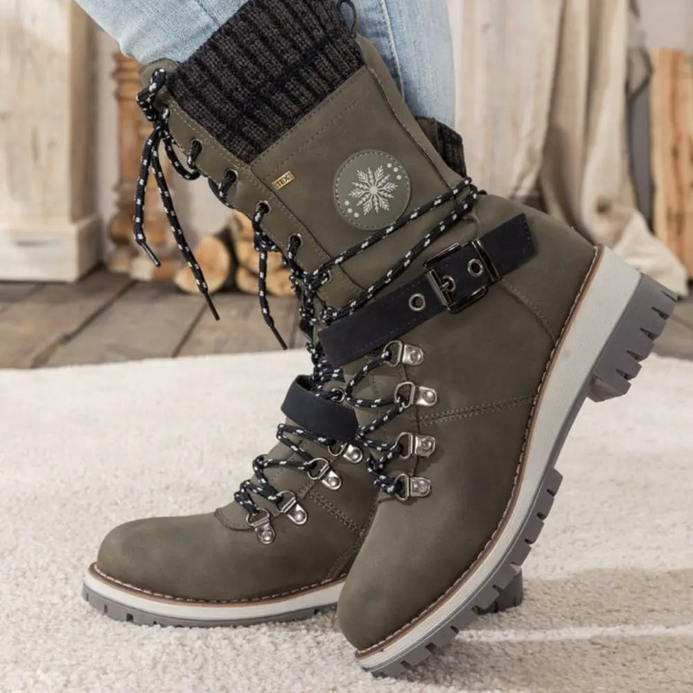 Faux Leather Knit-Cuff Snow Boots Women Winter