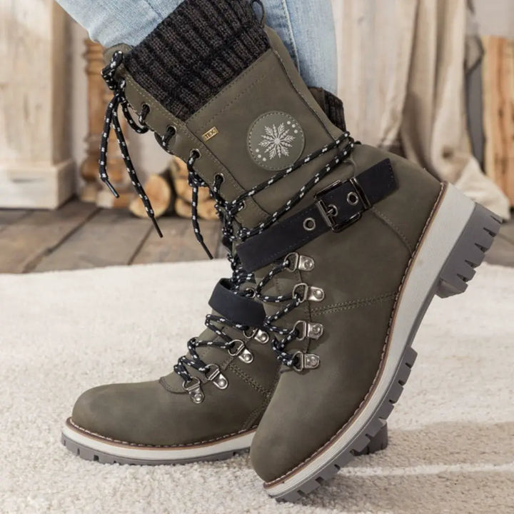 Faux Leather Knit-Cuff Snow Boots Women Winter
