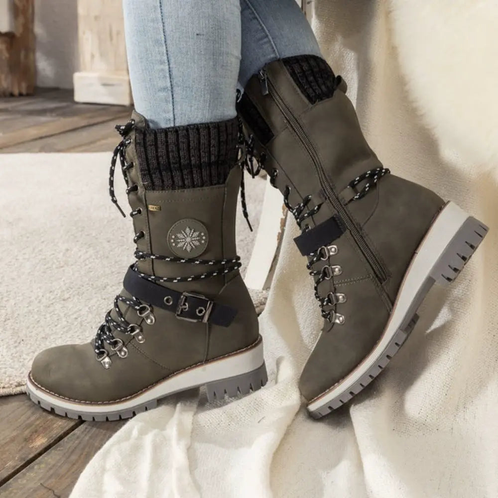 Faux Leather Knit-Cuff Snow Boots Women Winter