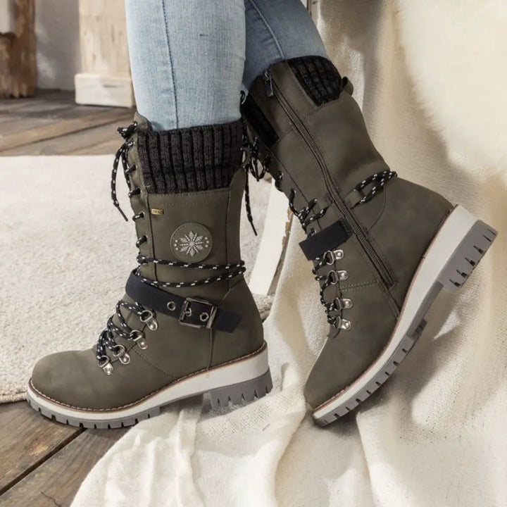 Faux Leather Knit-Cuff Snow Boots Women Winter