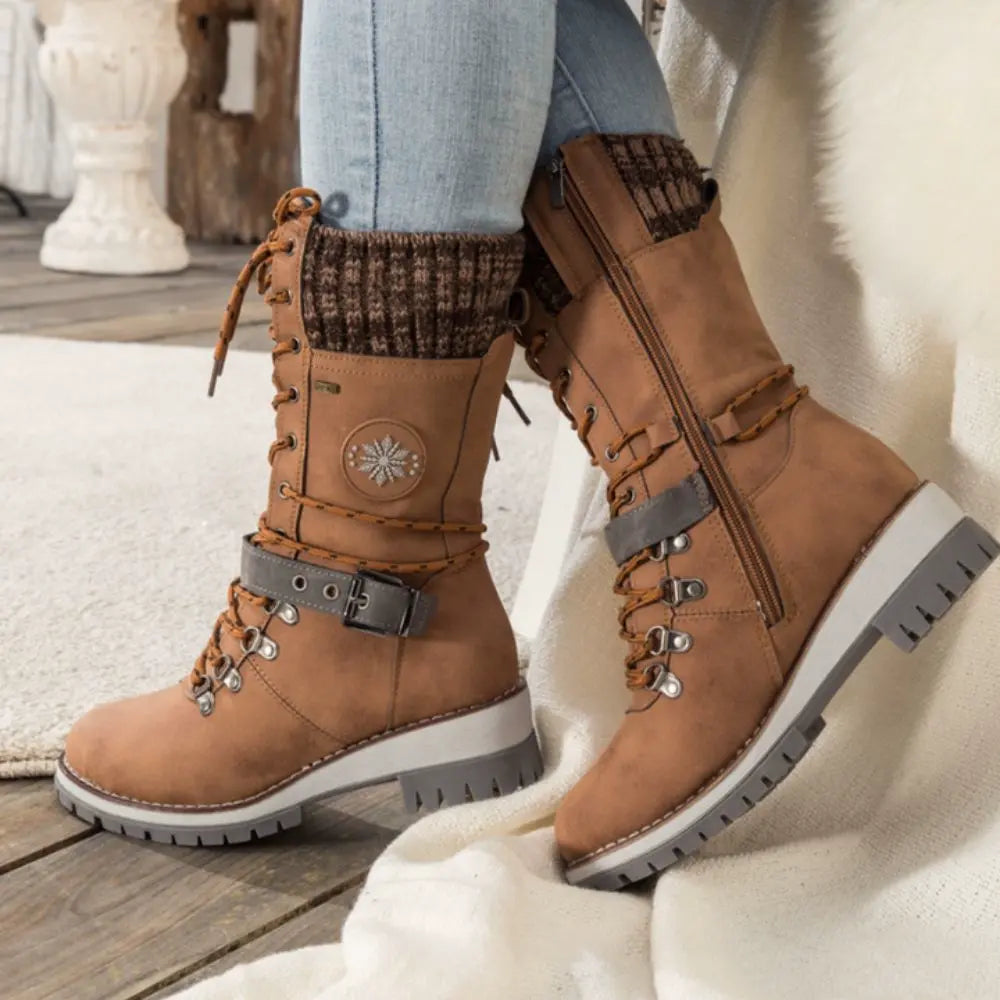 Faux Leather Knit-Cuff Snow Boots Women Winter