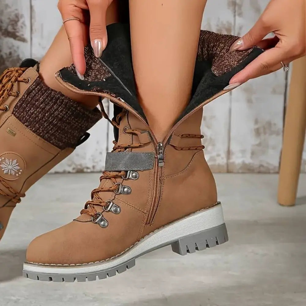 Faux Leather Knit-Cuff Snow Boots Women Winter