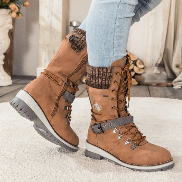 Faux Leather Knit-Cuff Snow Boots Women Winter