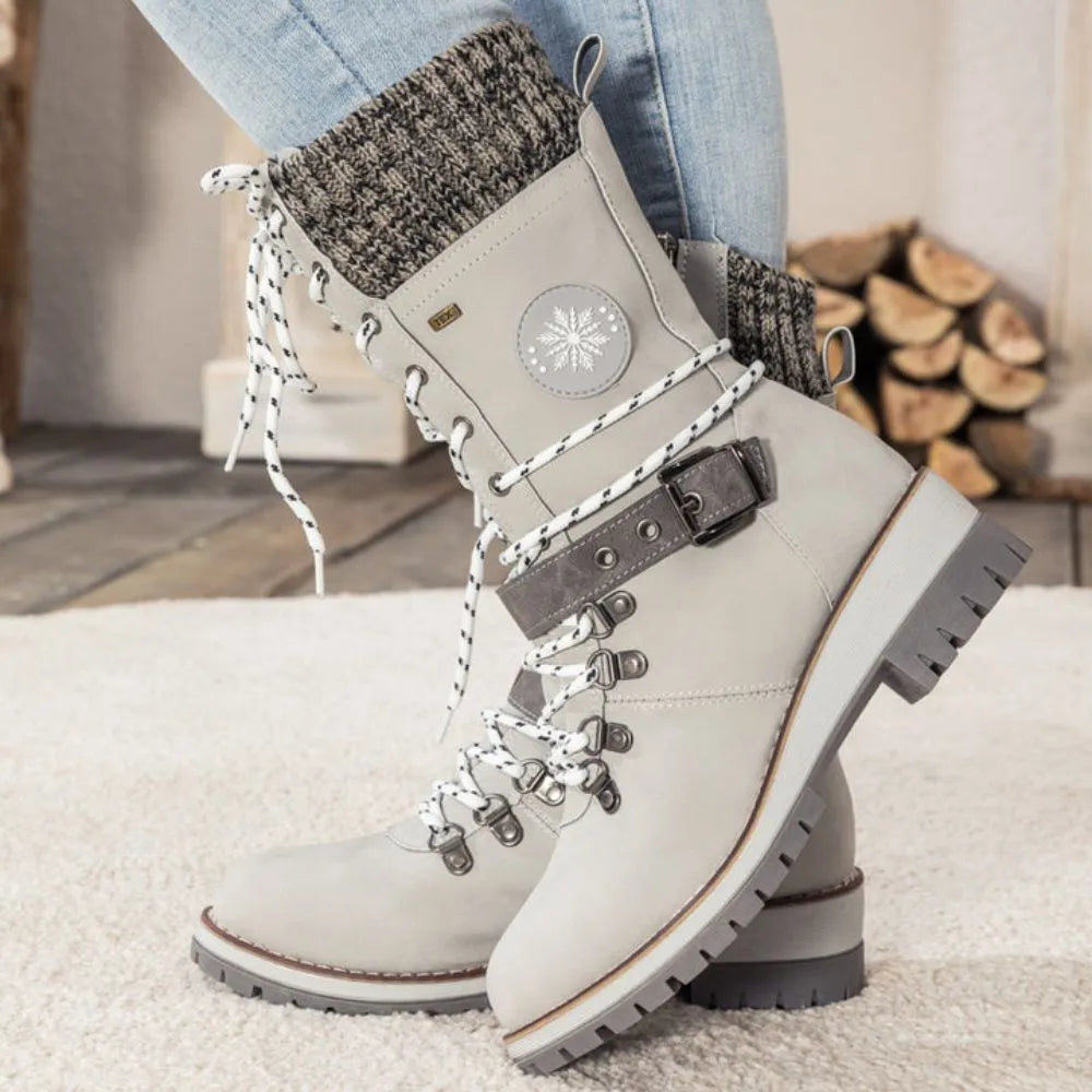 Faux Leather Knit-Cuff Snow Boots Women Winter