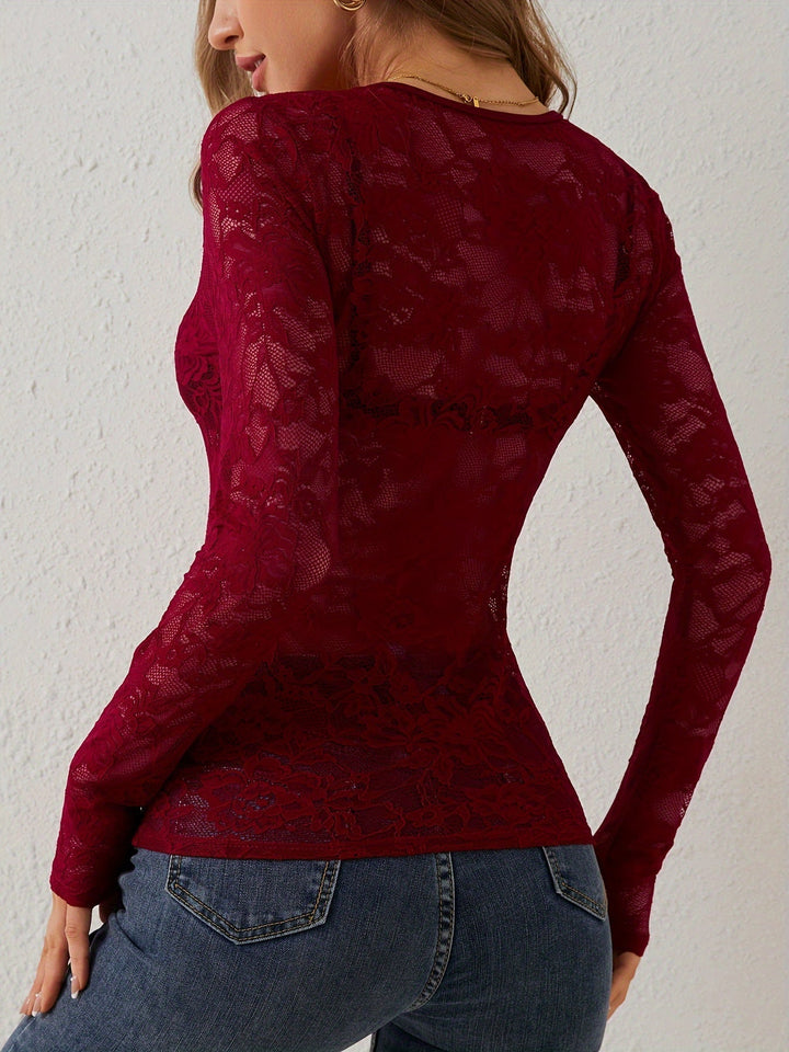 Womens Long Sleeve Lace Blouse with Sheer Details