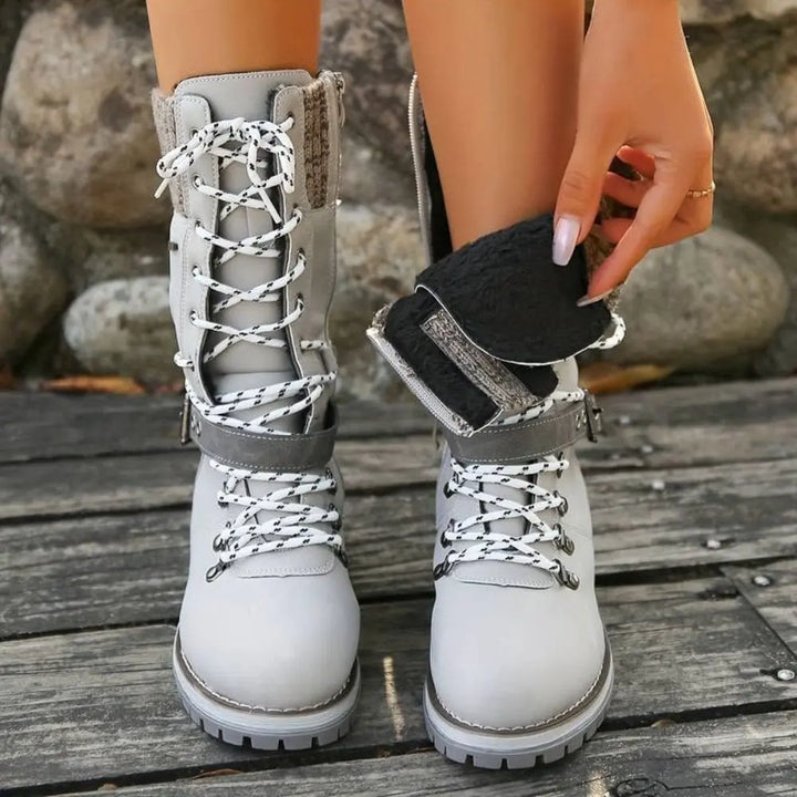 Faux Leather Knit-Cuff Snow Boots Women Winter