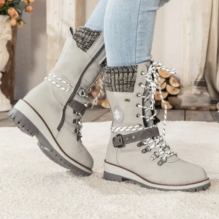 Faux Leather Knit-Cuff Snow Boots Women Winter