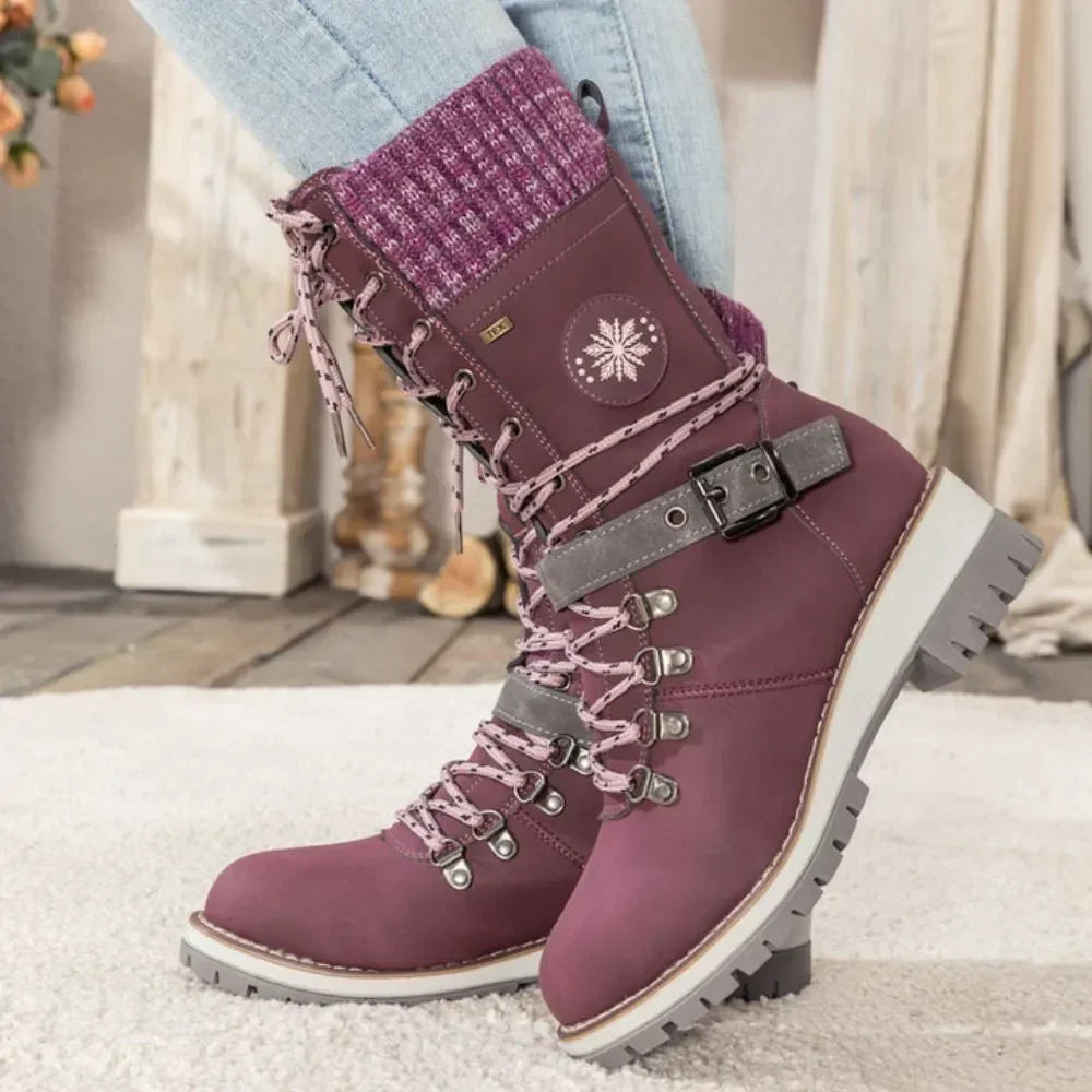 Faux Leather Knit-Cuff Snow Boots Women Winter