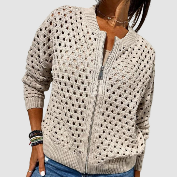Women Hollow Knit Zip Cardigan Cotton Blend