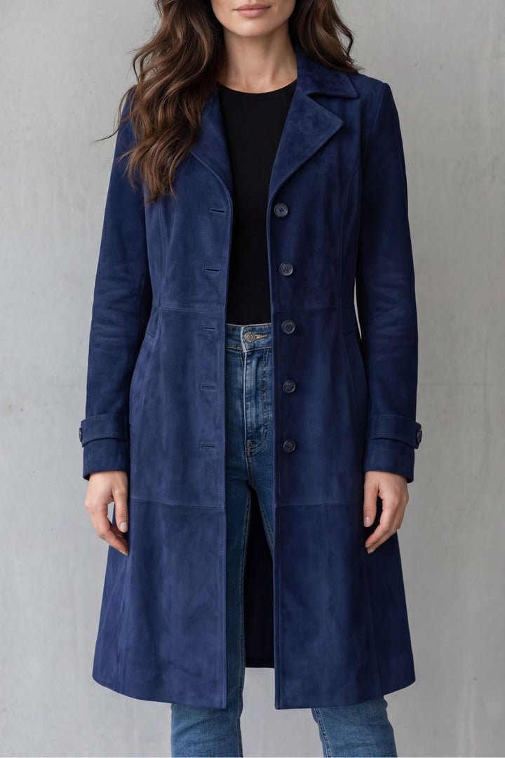Women's Longline Suede-Effect Coat Vintage Tailored