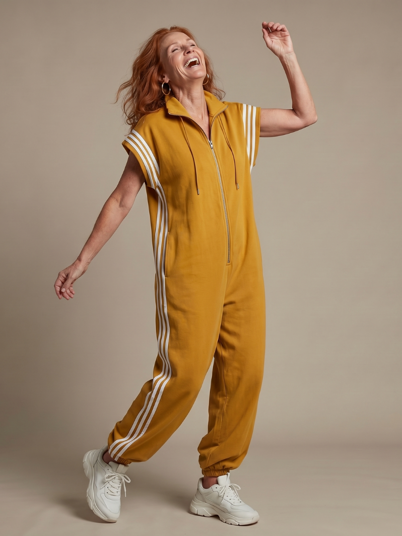 Zip Front Stripe Panel Jumpsuit Relaxed Fit Women