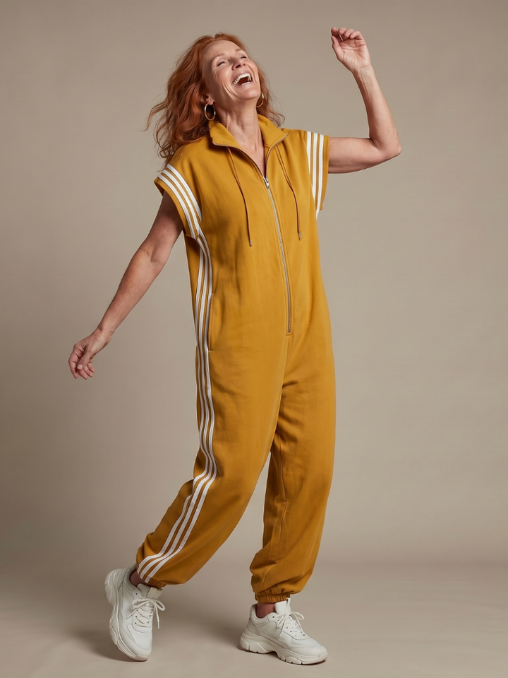 Zip Front Stripe Panel Jumpsuit Relaxed Fit Women