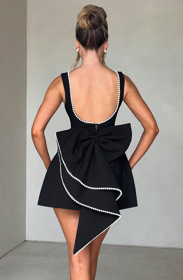Women A-Line Mini Dress with Pearl Trim and Bow