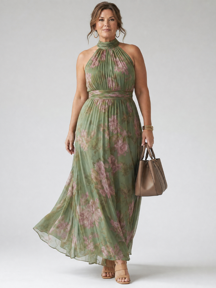 Floral Halter Midi Dress Gathered Bodice Women