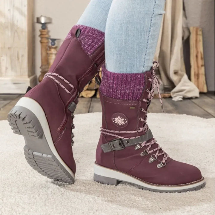 Faux Leather Knit-Cuff Snow Boots Women Winter