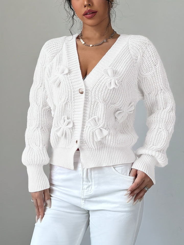 Women Cable Knit Bow Detail Cardigan Long Sleeve