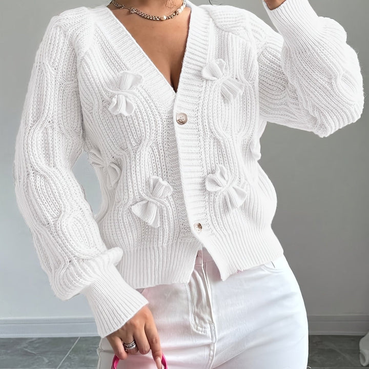 Women Cable Knit Bow Detail Cardigan Long Sleeve