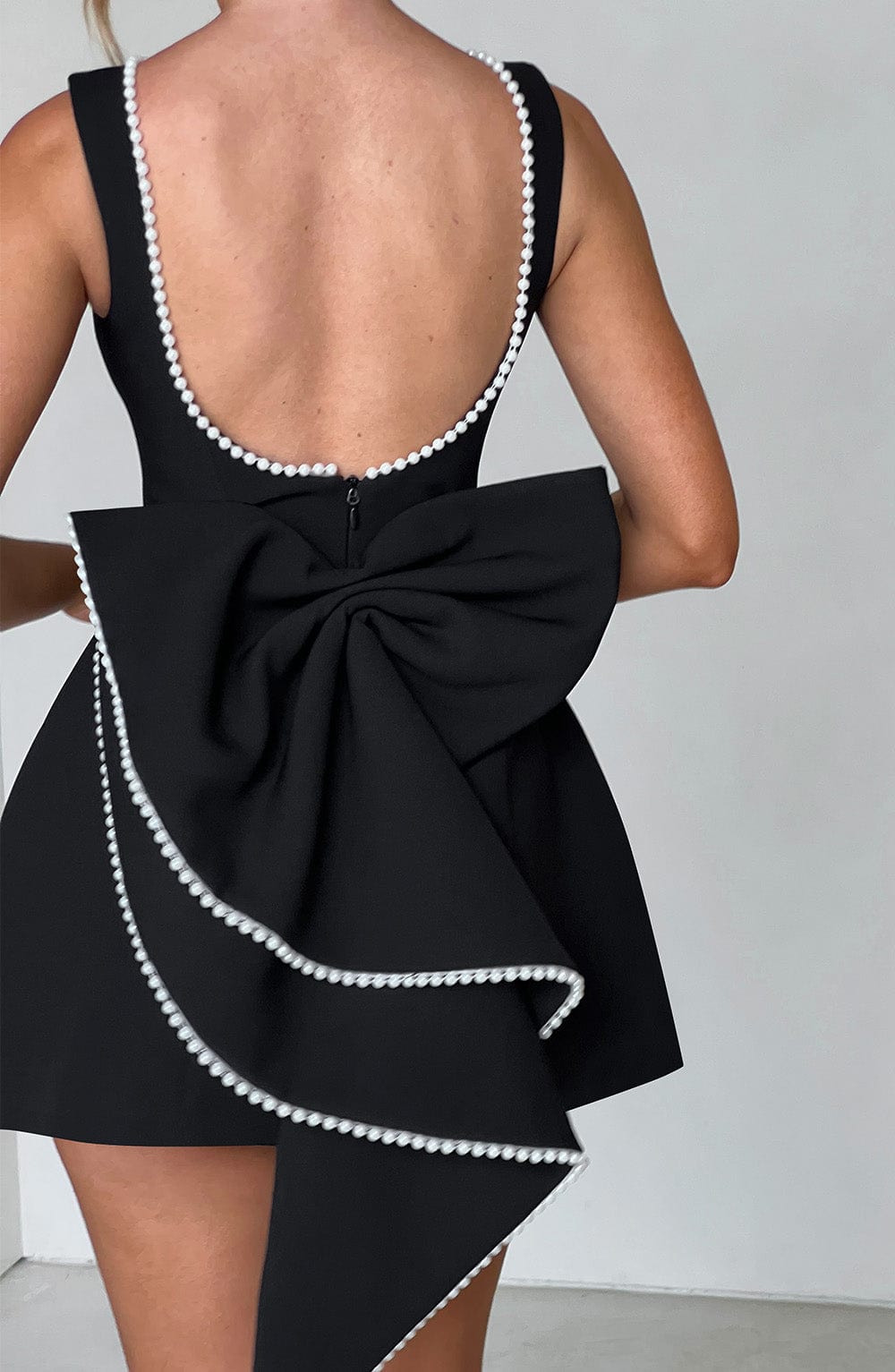 Women A-Line Mini Dress with Pearl Trim and Bow