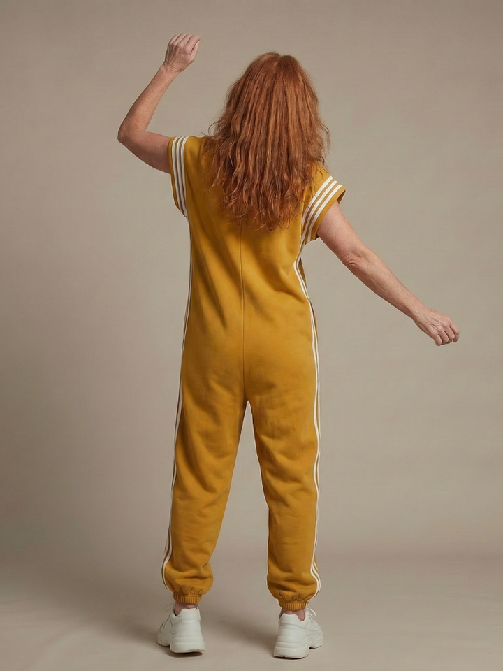 Zip Front Stripe Panel Jumpsuit Relaxed Fit Women