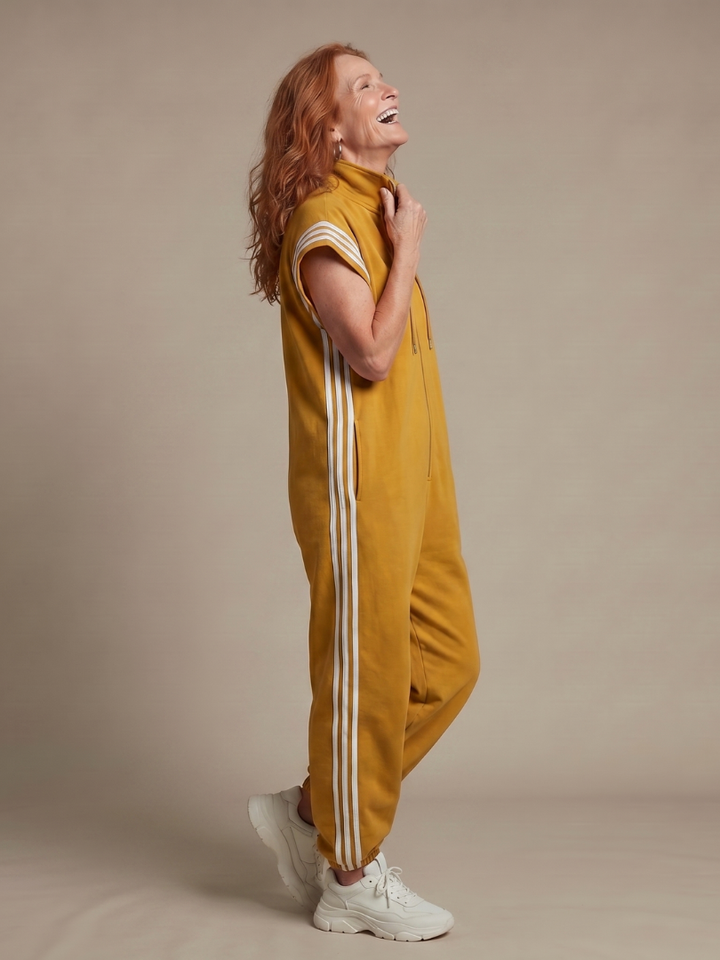 Zip Front Stripe Panel Jumpsuit Relaxed Fit Women