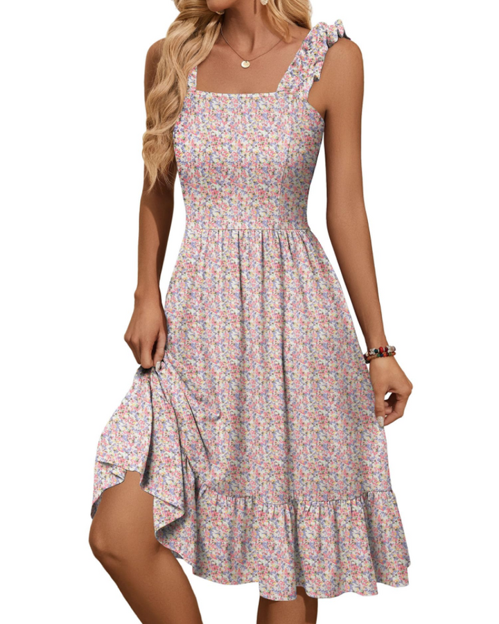 Womens Midi Dress Polyester Spandex Boho A-Line Square Neck