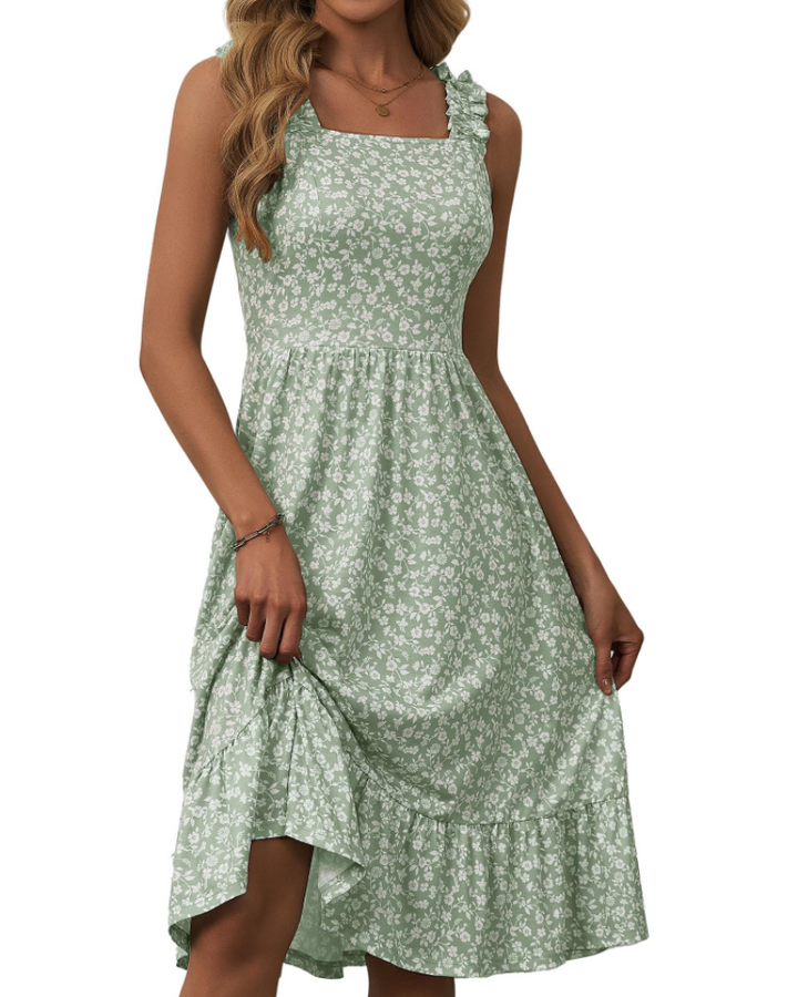 Womens Midi Dress Polyester Spandex Boho A-Line Square Neck