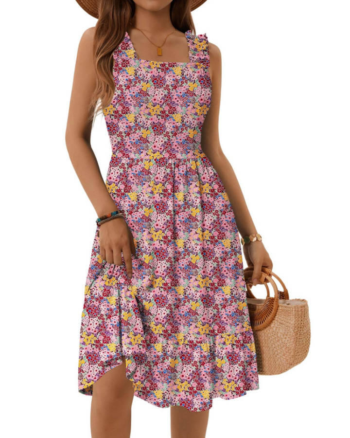 Womens Midi Dress Polyester Spandex Boho A-Line Square Neck