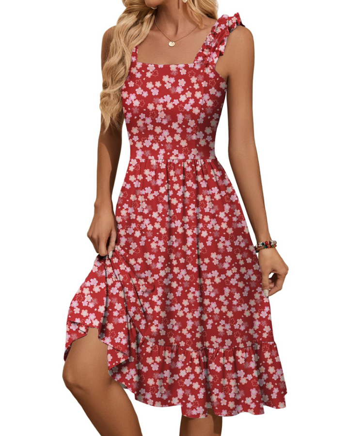 Womens Midi Dress Polyester Spandex Boho A-Line Square Neck