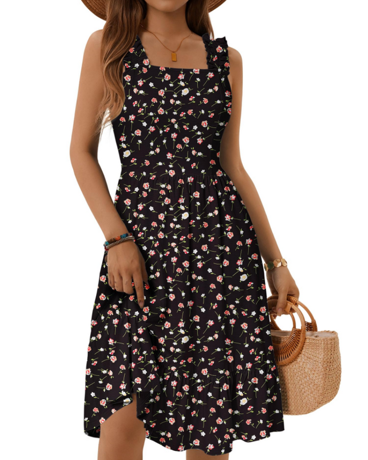 Womens Midi Dress Polyester Spandex Boho A-Line Square Neck