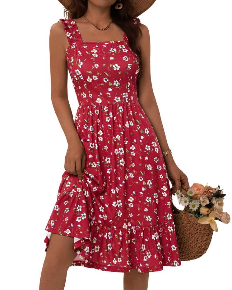 Womens Midi Dress Polyester Spandex Boho A-Line Square Neck