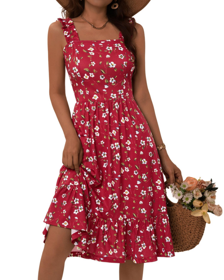 Womens Midi Dress Polyester Spandex Boho A-Line Square Neck