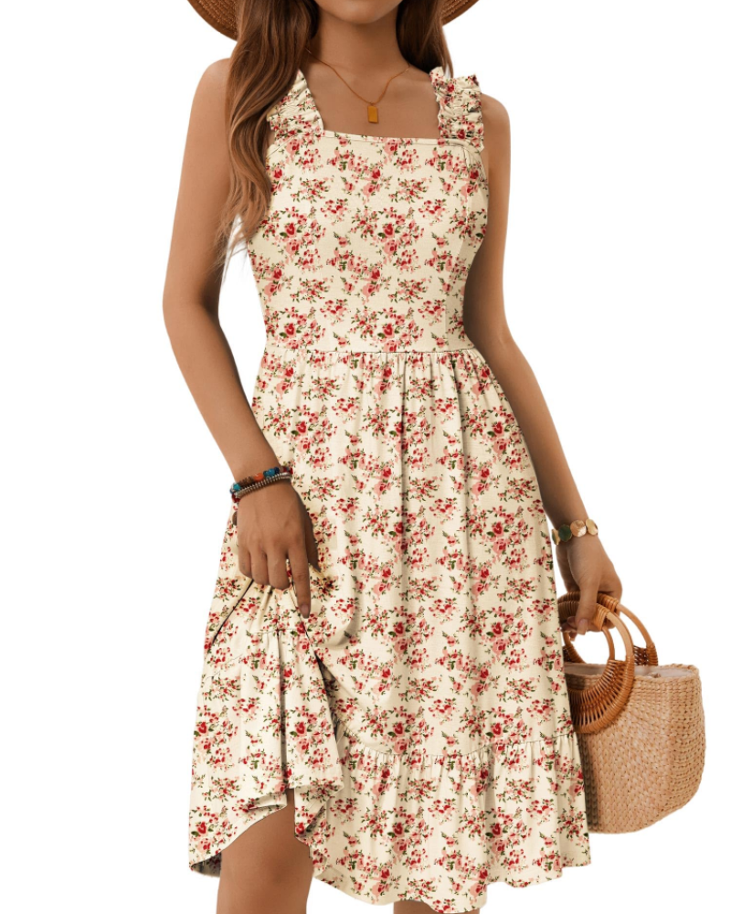 Womens Midi Dress Polyester Spandex Boho A-Line Square Neck
