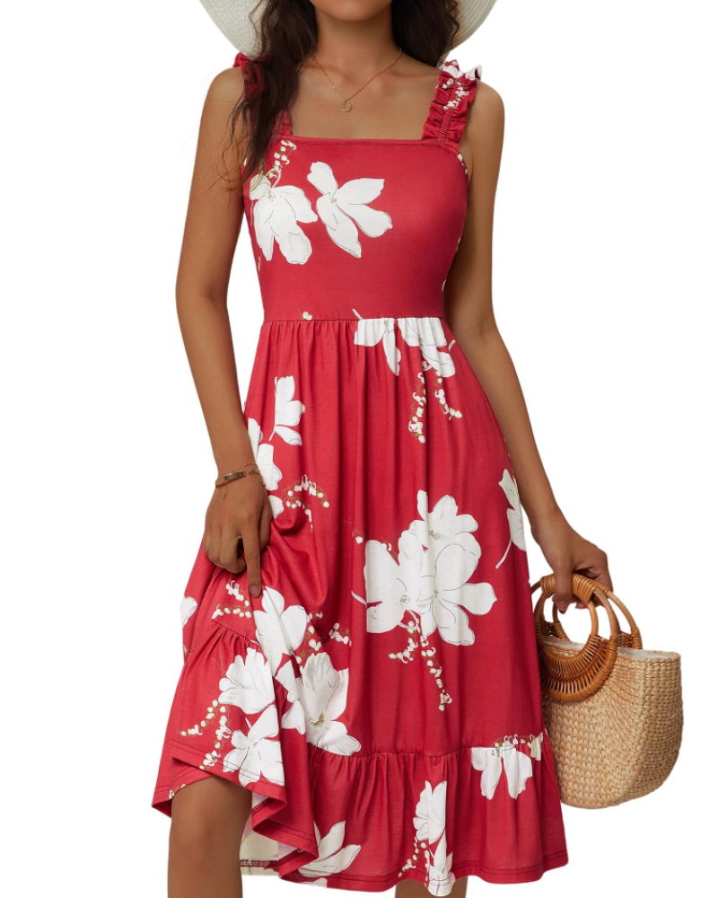 Womens Midi Dress Polyester Spandex Boho A-Line Square Neck