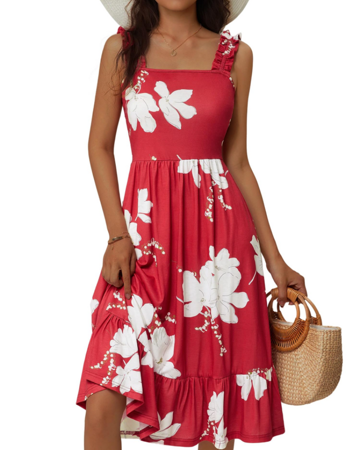 Womens Midi Dress Polyester Spandex Boho A-Line Square Neck