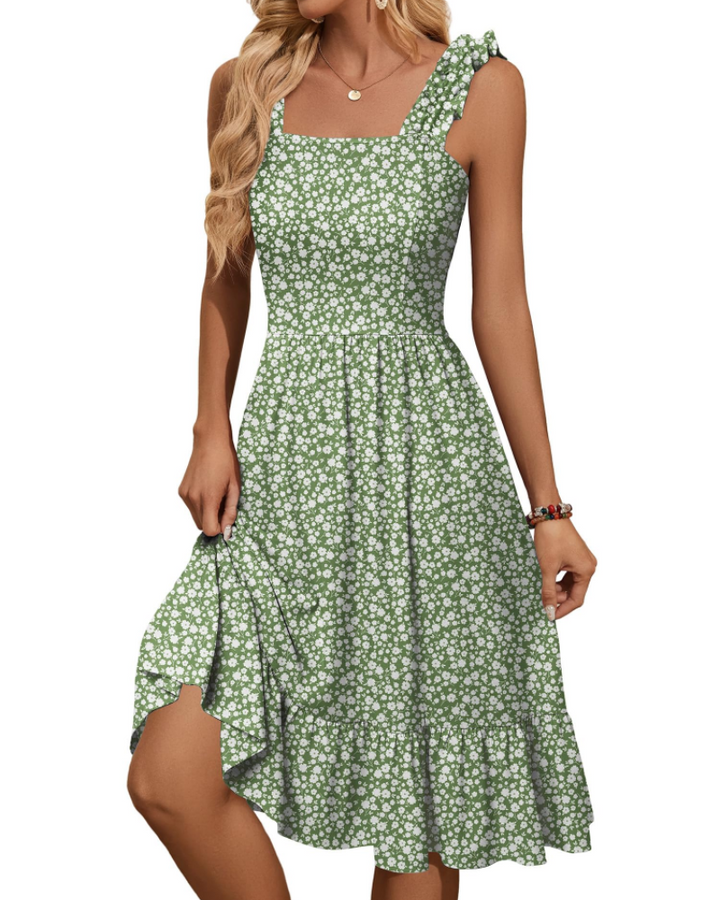 Womens Midi Dress Polyester Spandex Boho A-Line Square Neck