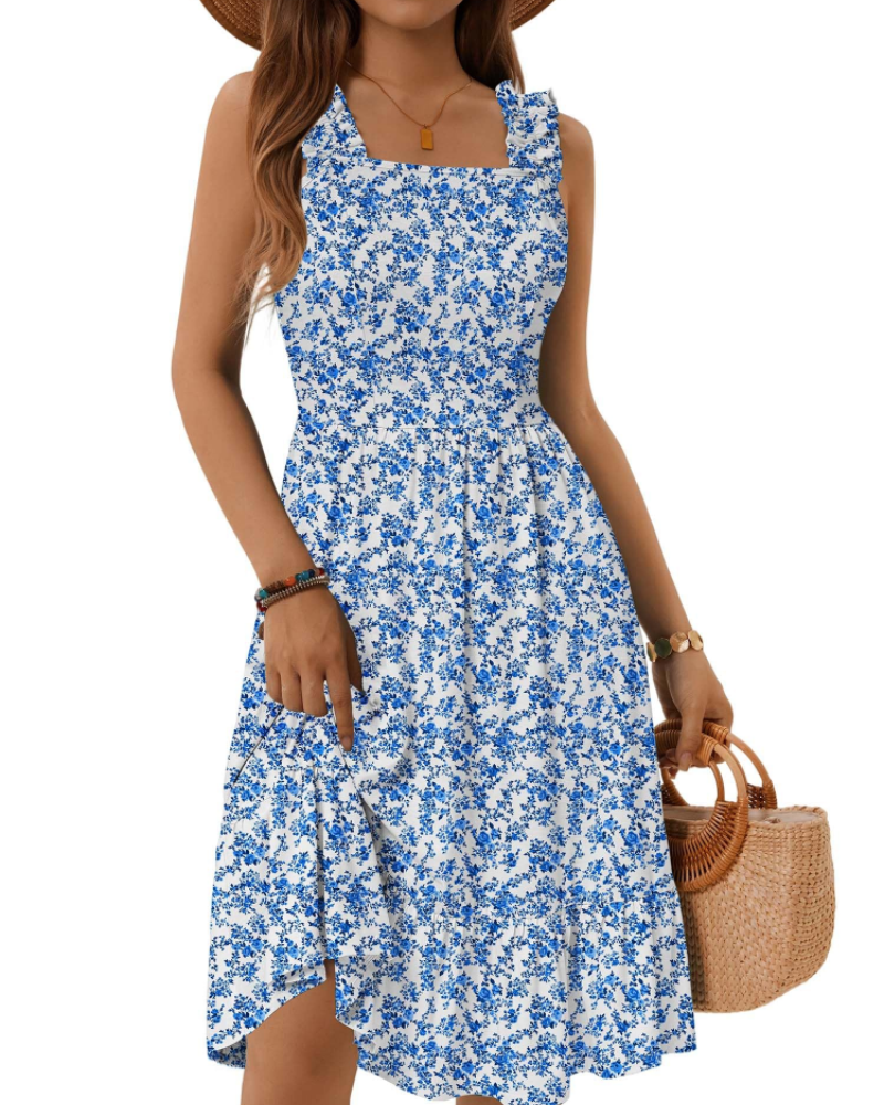 Womens Midi Dress Polyester Spandex Boho A-Line Square Neck