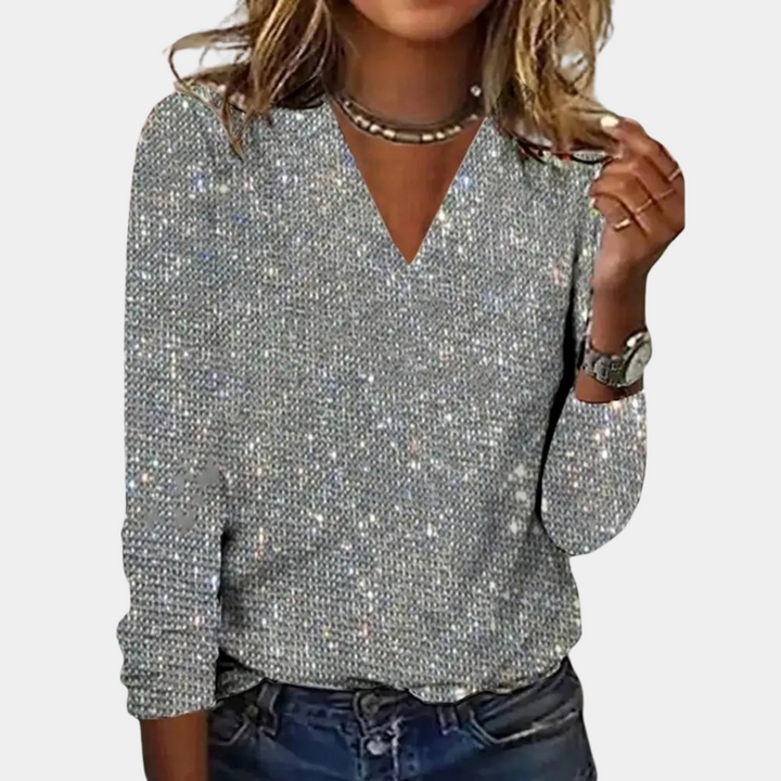 Sequin V-Neck Top Women Sparkle Evening Blouse