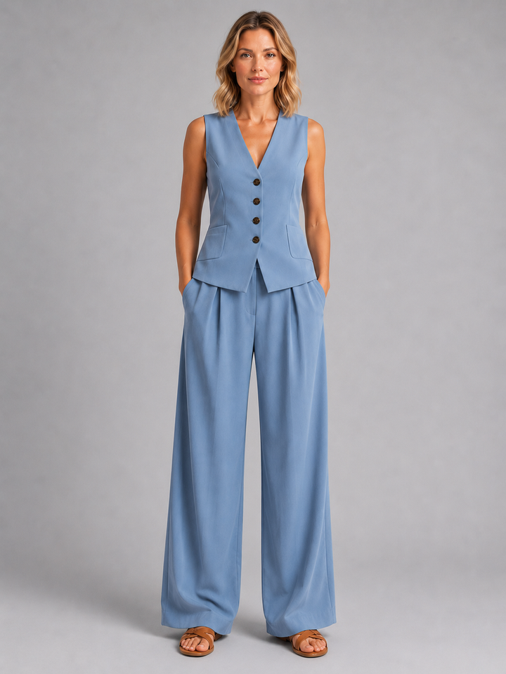 Women Sleeveless Waistcoat Wide Leg Trousers Co Ord Set