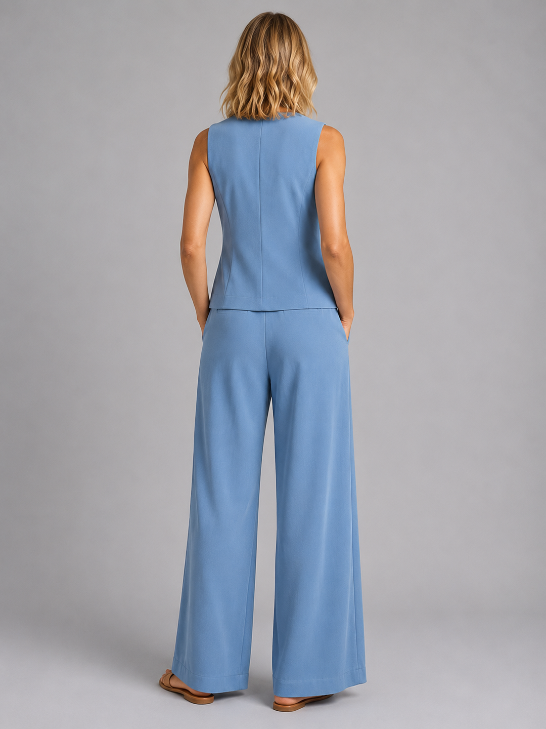Women Sleeveless Waistcoat Wide Leg Trousers Co Ord Set