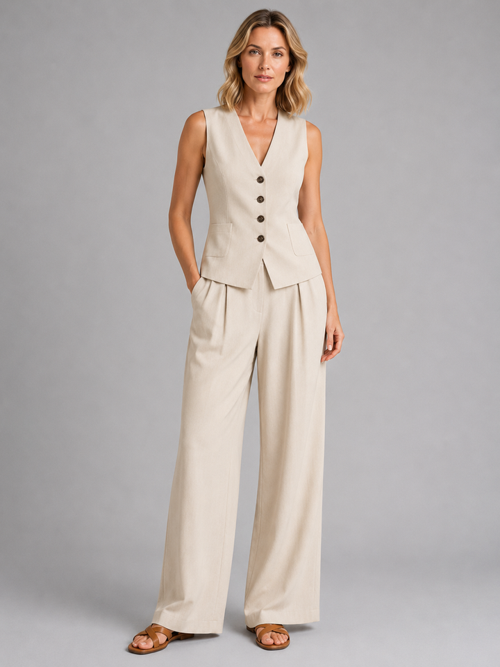 Women Sleeveless Waistcoat Wide Leg Trousers Co Ord Set