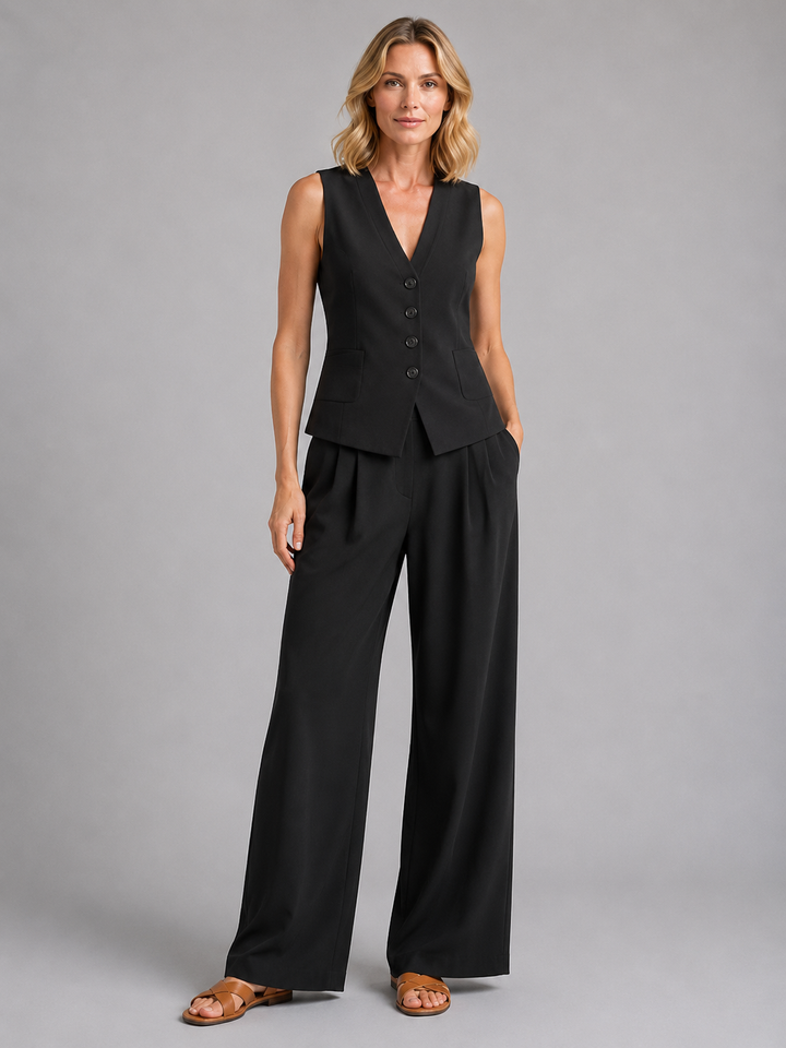 Women Sleeveless Waistcoat Wide Leg Trousers Co Ord Set