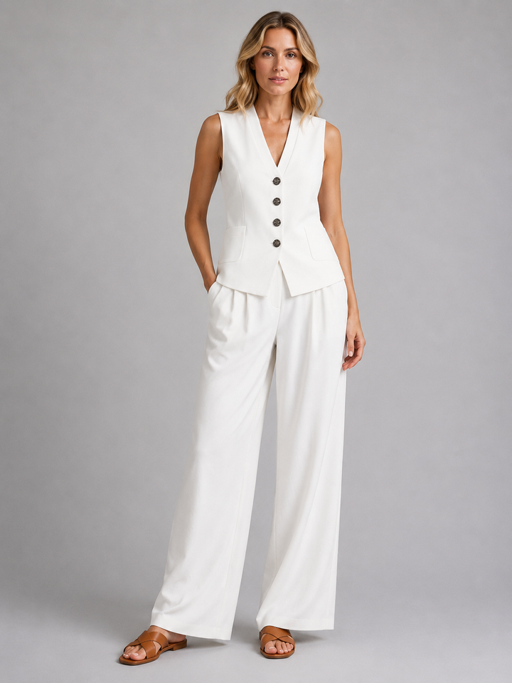 Women Sleeveless Waistcoat Wide Leg Trousers Co Ord Set