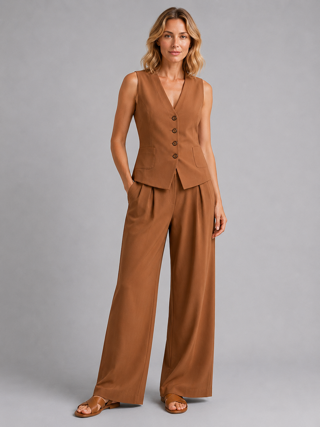 Women Sleeveless Waistcoat Wide Leg Trousers Co Ord Set