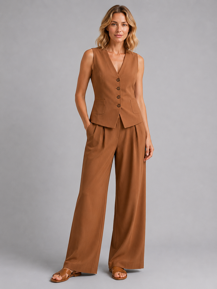 Women Sleeveless Waistcoat Wide Leg Trousers Co Ord Set