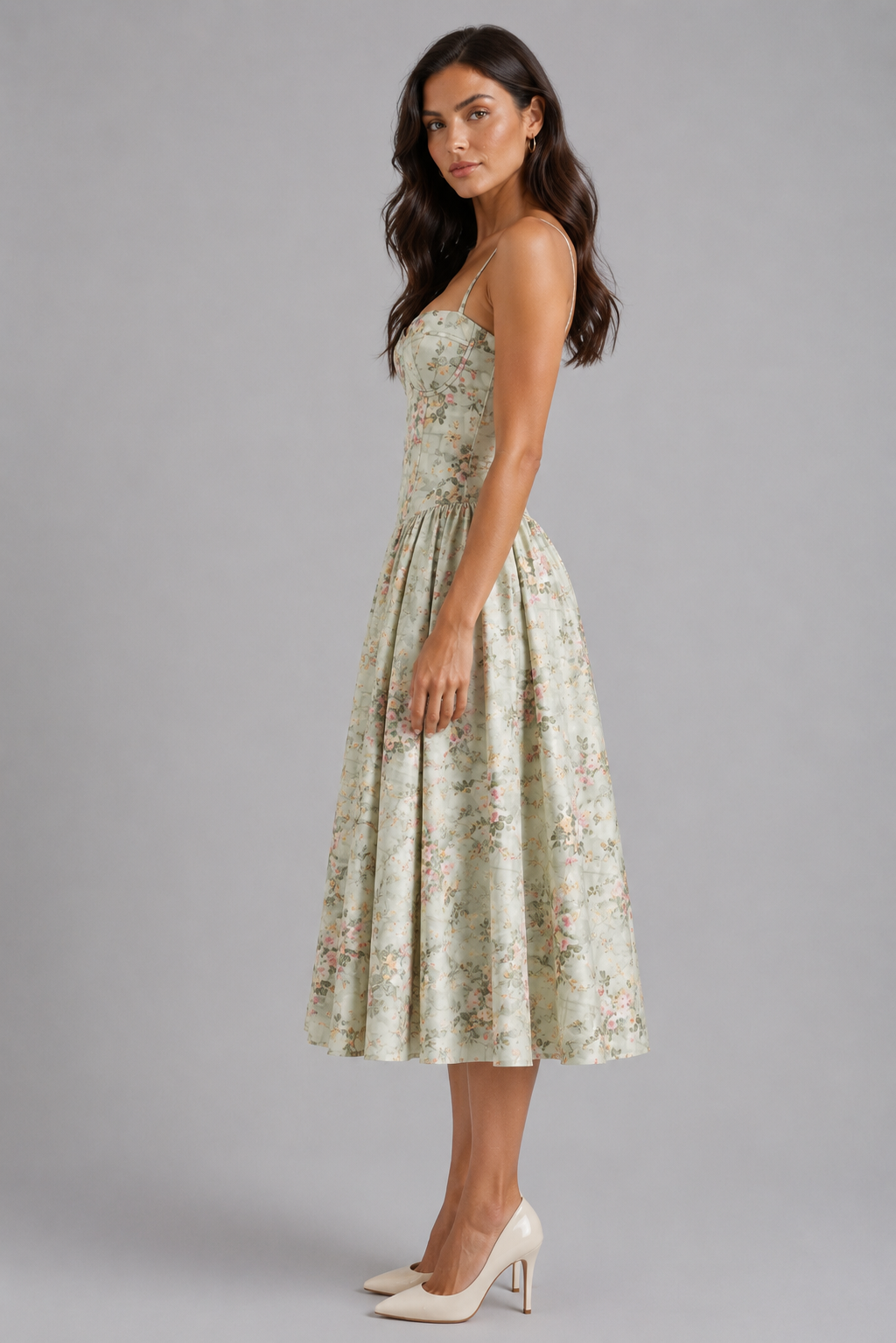 Floral Corset Midi Dress Sweetheart Neck Women